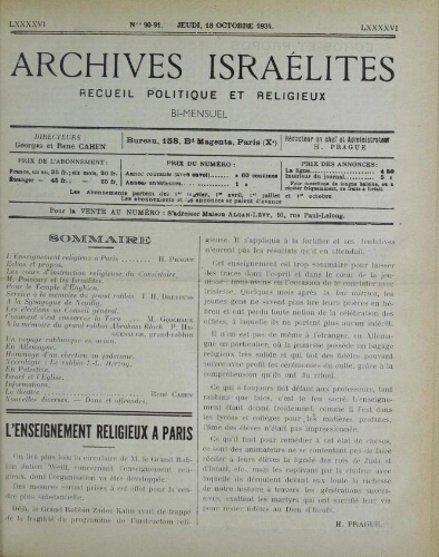 Archives israélites de France. Vol.96 N°90-91 (18 oct. 1934)